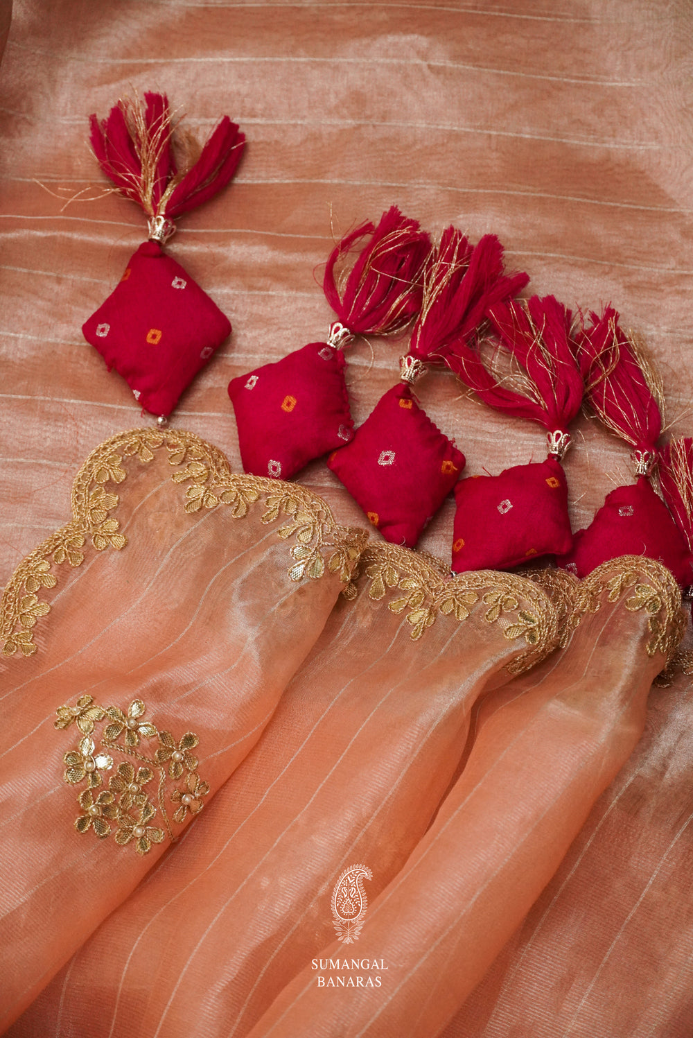 Salmon Pink Organza Saree And Cherry Red Blouse With Gota Patti Embroidery