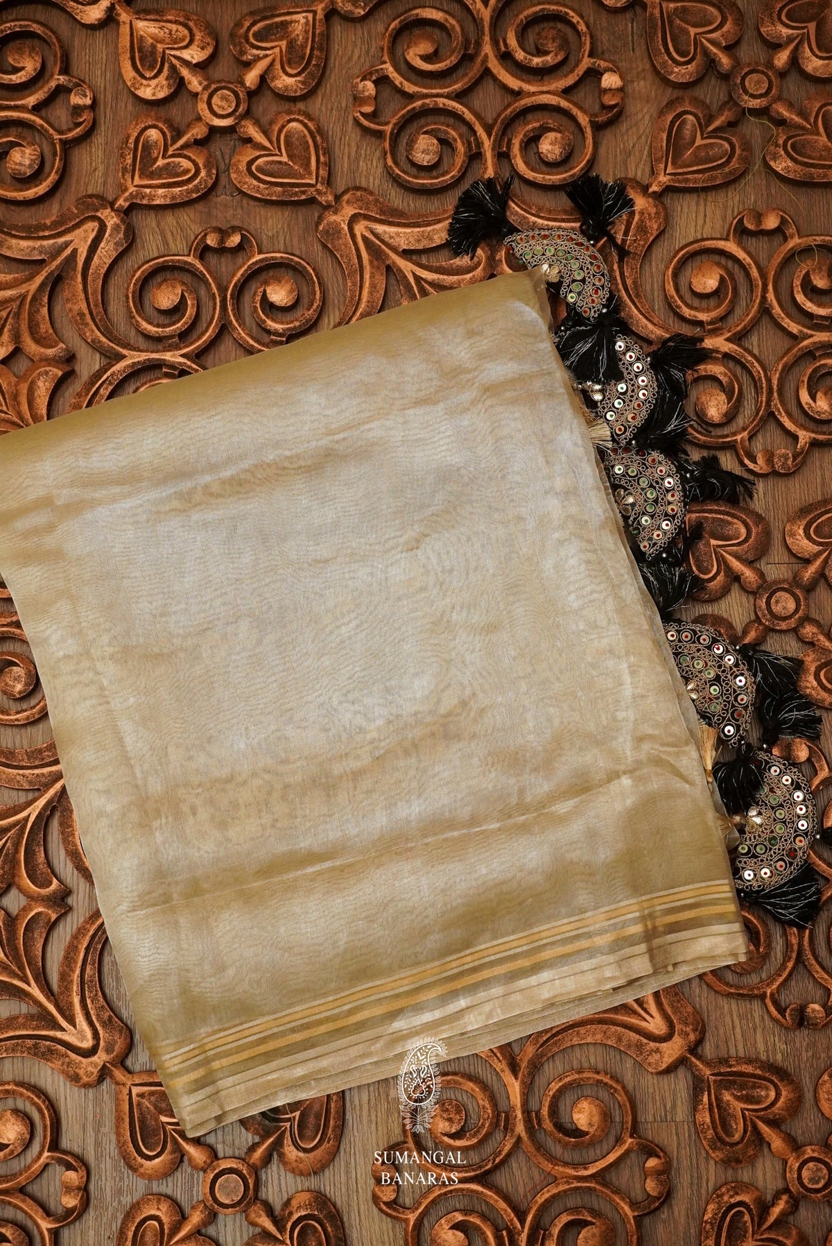 Gold Handloom Tissue Silk Saree With A Beautiful Black Gotta Patti Embroidered Blouse
