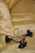 Gold Handloom Tissue Silk Saree With A Beautiful Black Gotta Patti Embroidered Blouse