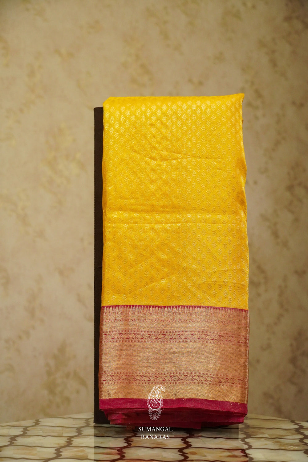 Mustard Yellow Handwoven Pure Katan Silk Saree With Contrasting Red Zari Border