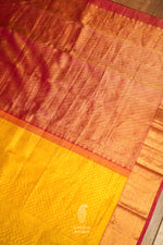 Mustard Yellow Handwoven Pure Katan Silk Saree With Contrasting Red Zari Border