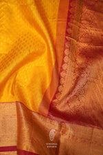 Mustard Yellow Handwoven Pure Katan Silk Saree With Contrasting Red Zari Border