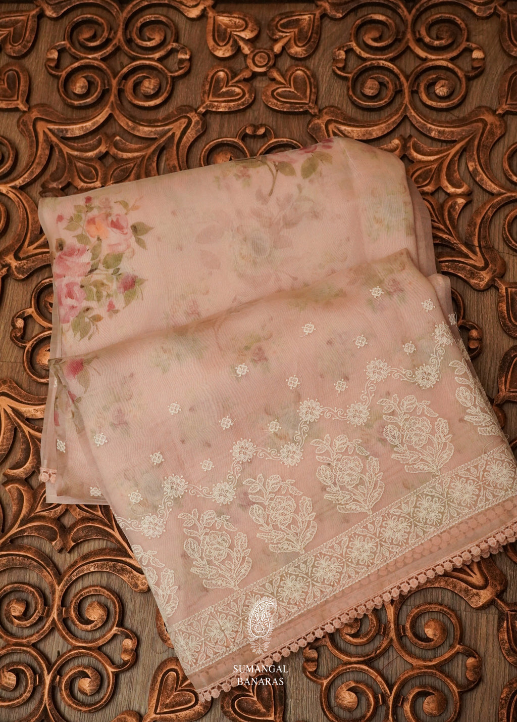 Powder Pink Organza Saree With Self Resham Embroidery Border And Digital Floral Print