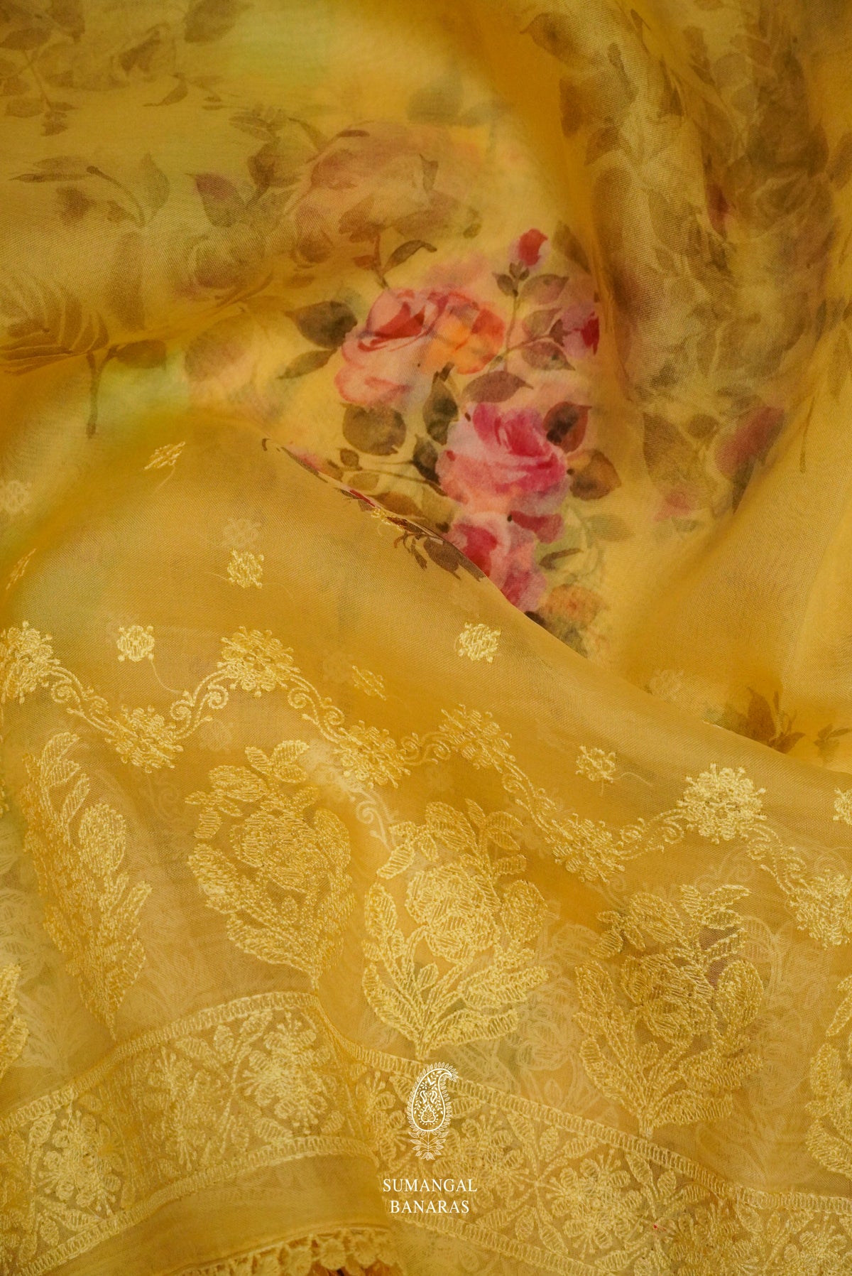 Lemon Yellow Organza Saree With Beautiful Self Resham Embroidery Border