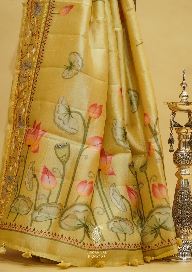 Handwoven Gold Muslin Silk Saree
