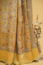 Yellow Handwoven Muslin Silk Saree With Self Resham Embroidery And Kalamkari Print