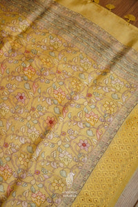 Yellow Handwoven Muslin Silk Saree With Self Resham Embroidery And Kalamkari Print