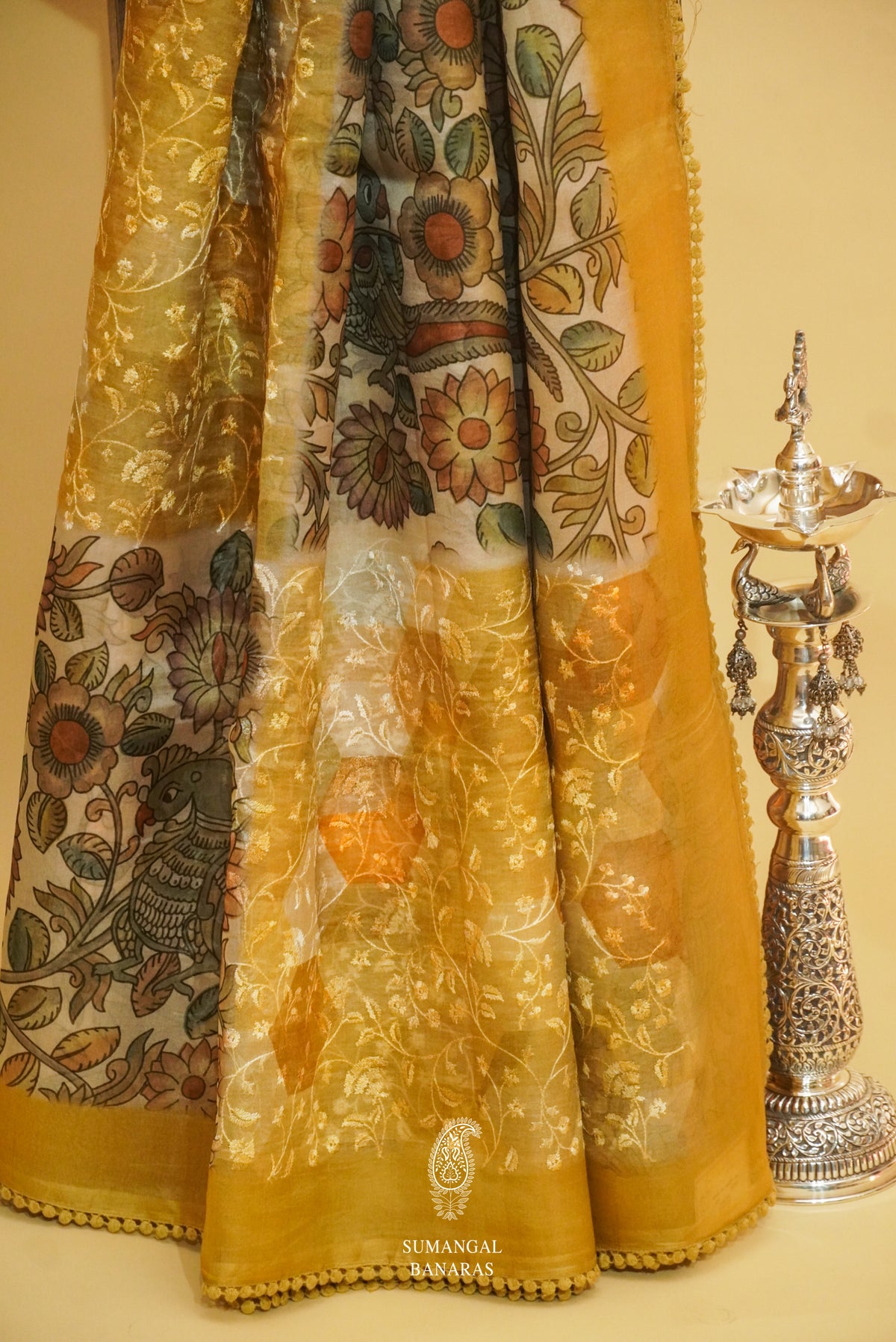 Sunflower Yellow Organza Saree With Resham Embroidery And Kalamkari Print