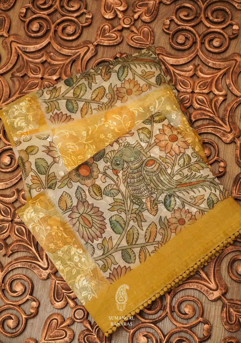 Sunflower Yellow Organza Saree With Resham Embroidery And Kalamkari Print