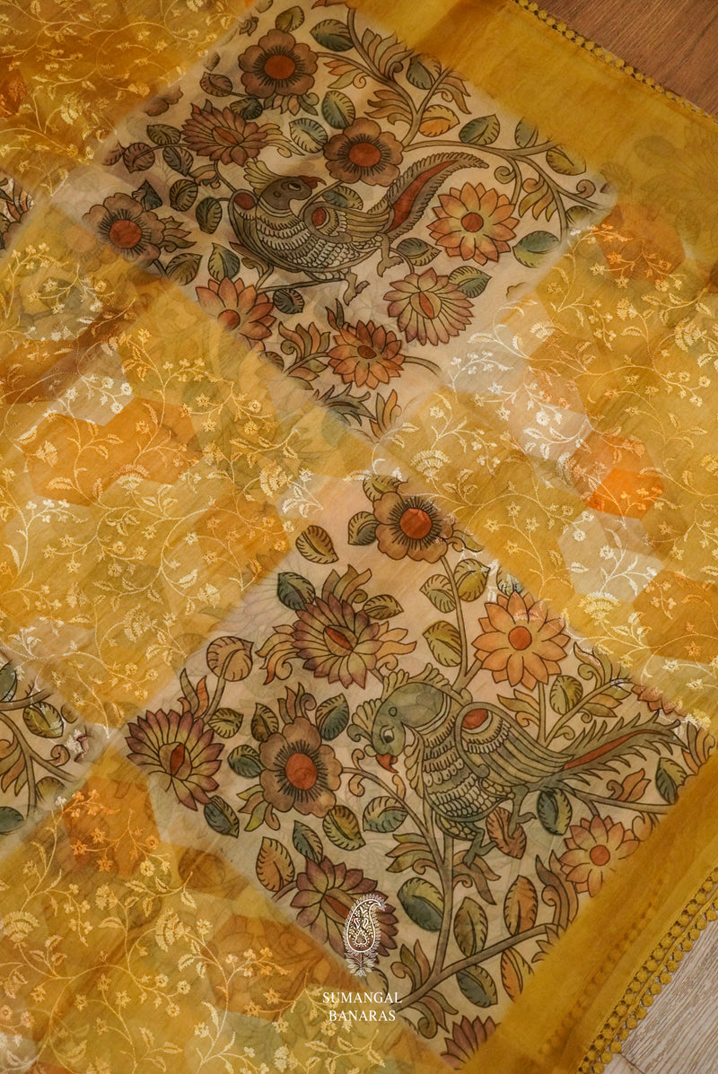 Sunflower Yellow Organza Saree With Resham Embroidery And Kalamkari Print