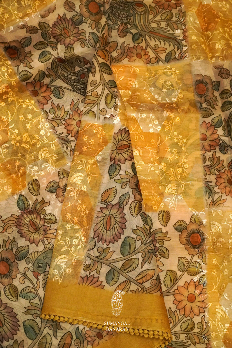 Sunflower Yellow Organza Saree With Resham Embroidery And Kalamkari Print