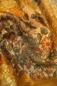 Sunflower Yellow Organza Saree With Resham Embroidery And Kalamkari Print