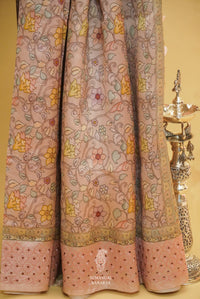 Flamingo Pink Muslin Silk Saree With Self Resham Embroidery And Kalamkari Print