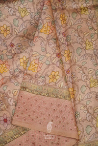 Flamingo Pink Muslin Silk Saree With Self Resham Embroidery And Kalamkari Print