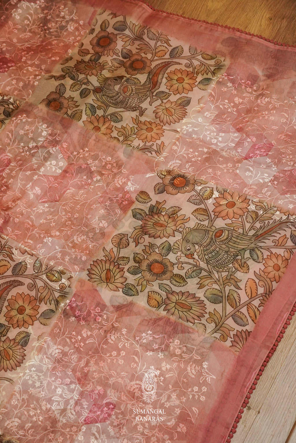 Flamingo Pink Organza Saree With Resham Embroidery And Kalamkari Print