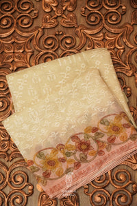 Porcelian White Saree In Organza With Self Colored Resham Embroidery And Kalamkari Printed Border
