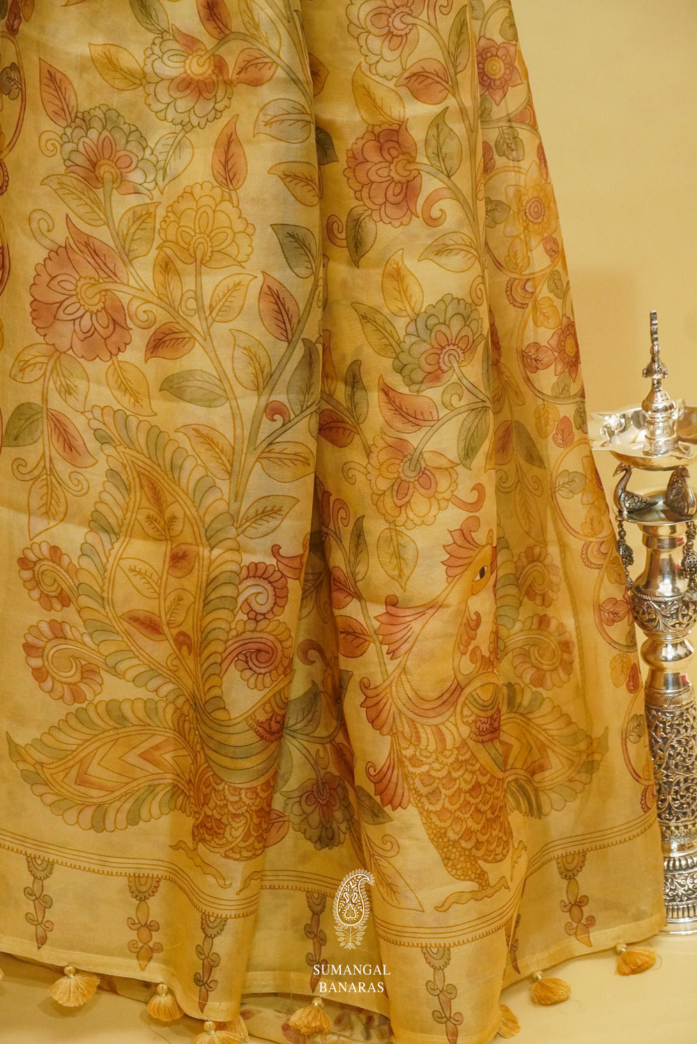Porcelian White Organza Saree With Self Colored Resham Embroidery And Kalamkari Print On Border