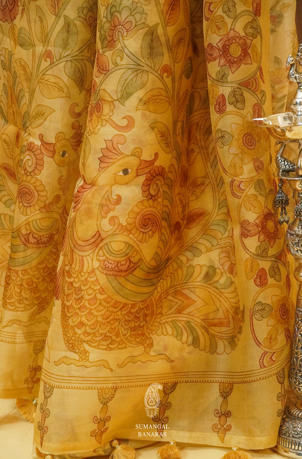 Porcelian White Organza Saree With Self Colored Resham Embroidery And Kalamkari Print On Border