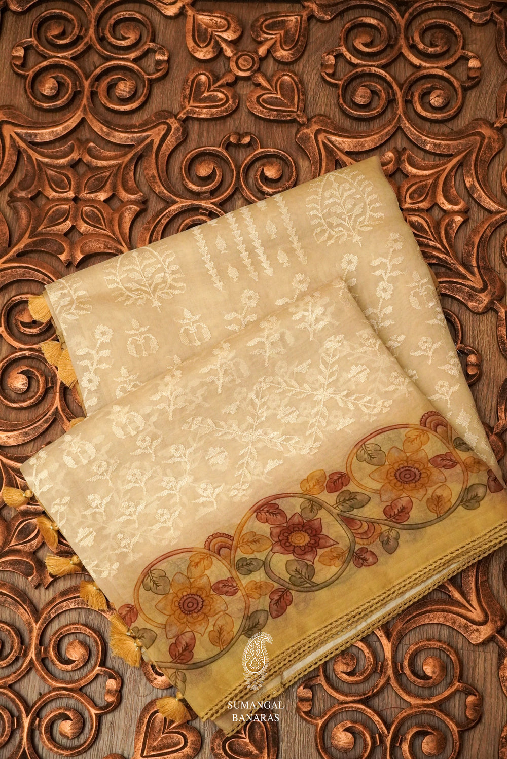 Porcelian White Organza Saree With Self Colored Resham Embroidery And Kalamkari Print On Border