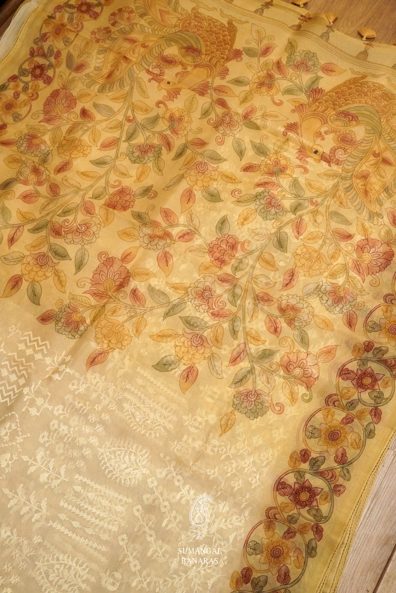Porcelian White Organza Saree With Self Colored Resham Embroidery And Kalamkari Print On Border