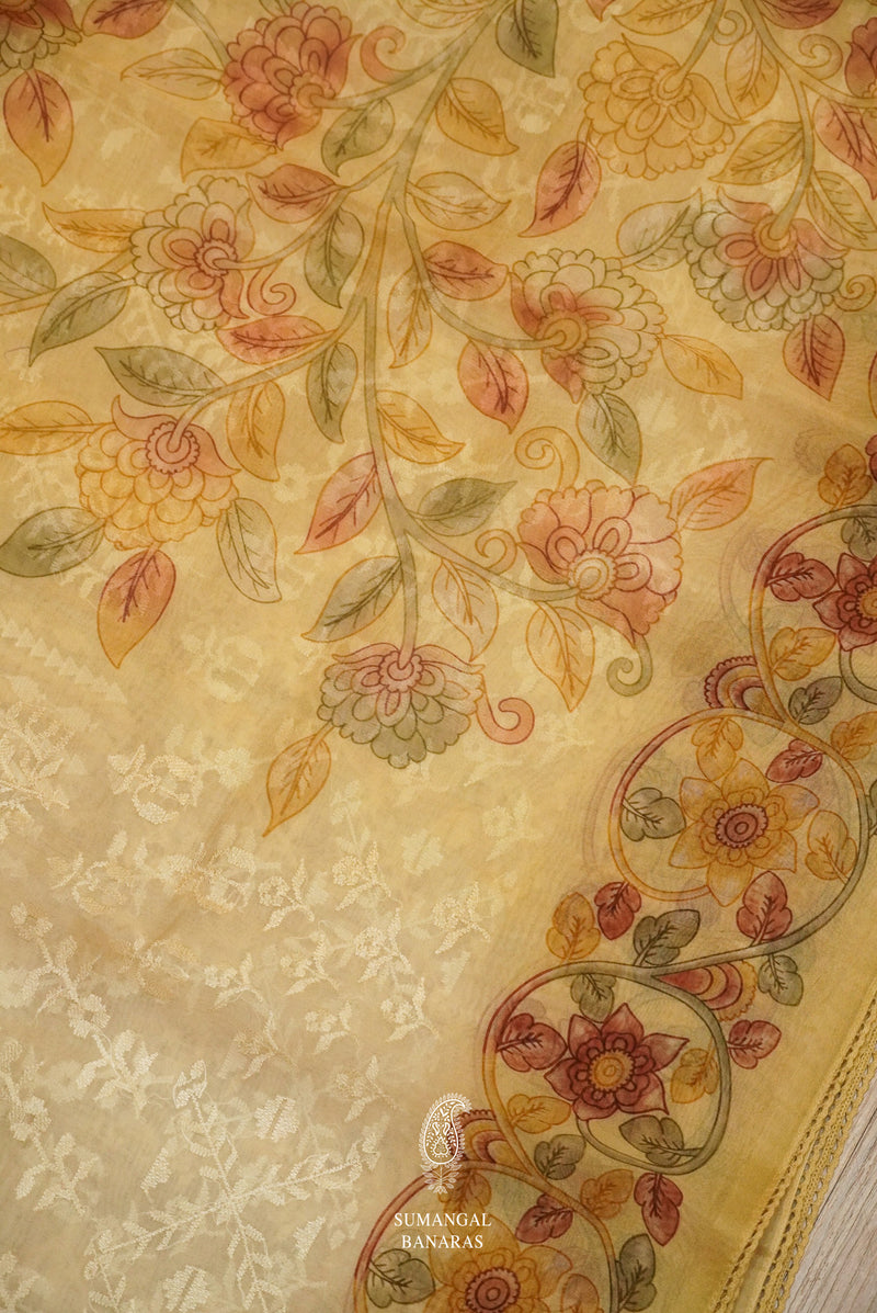 Porcelian White Organza Saree With Self Colored Resham Embroidery And Kalamkari Print On Border