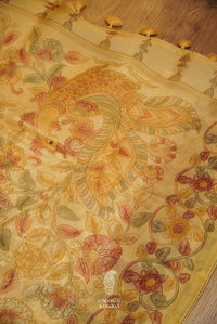 Porcelian White Organza Saree With Self Colored Resham Embroidery And Kalamkari Print On Border