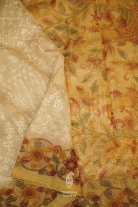 Porcelian White Organza Saree With Self Colored Resham Embroidery And Kalamkari Print On Border