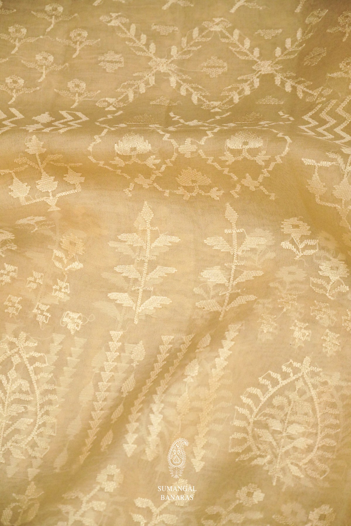 Porcelian White Organza Saree With Self Colored Resham Embroidery And Kalamkari Print On Border