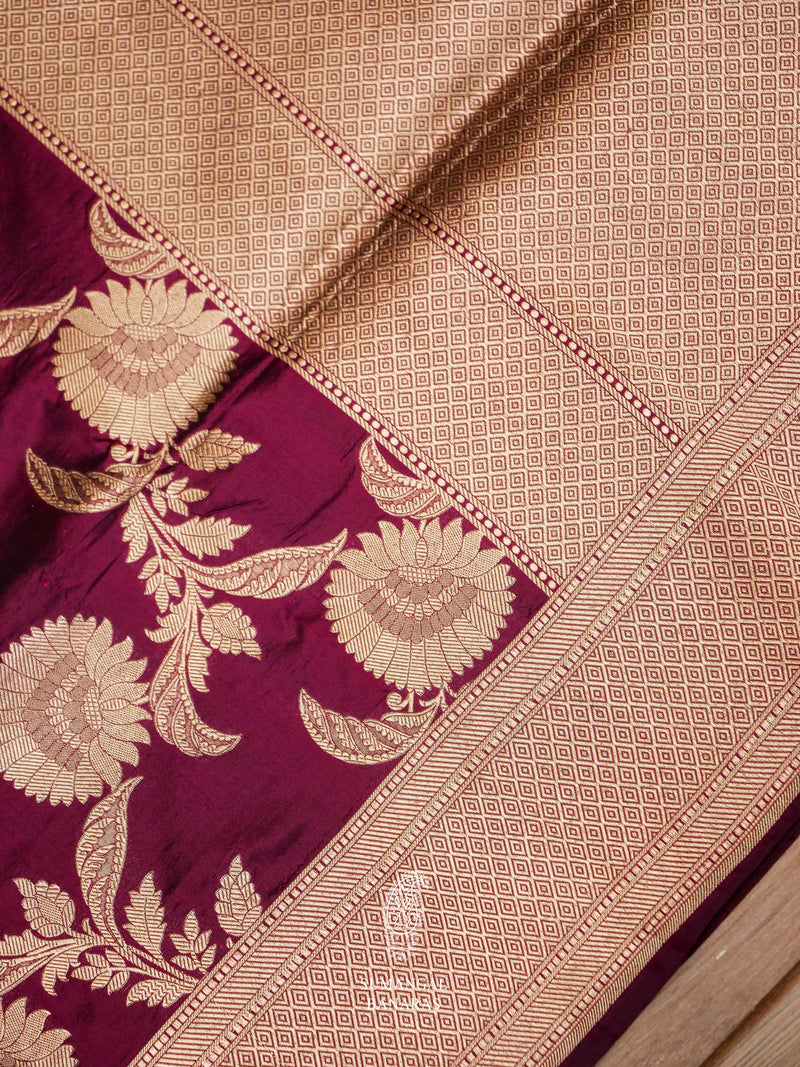 Handwoven Wine Purple Katan Silk Jangla Saree