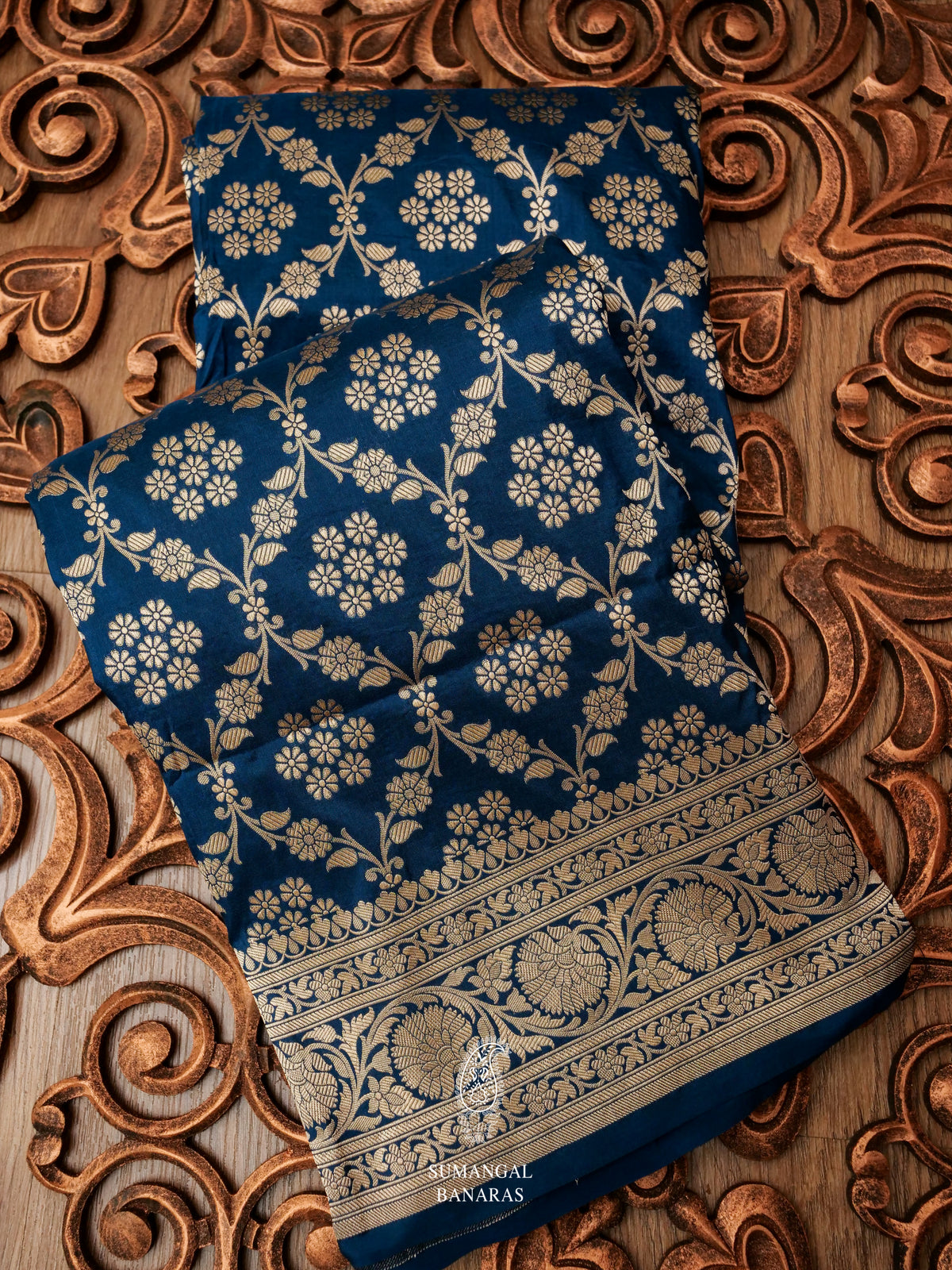 Handwoven Navy Blue Katan Silk Jaal Saree