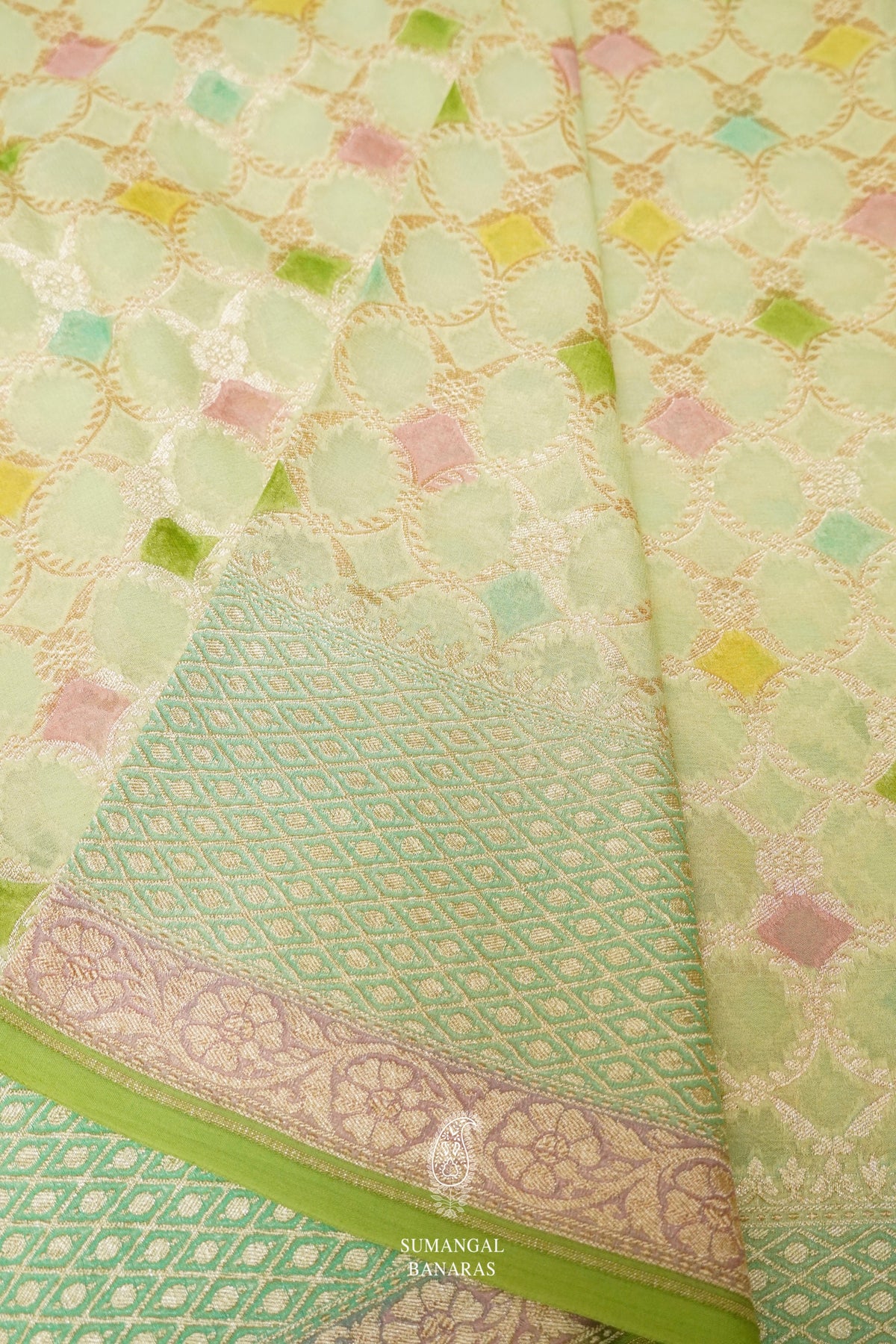 Handwoven Pista Green Rangkat Georgette Saree
