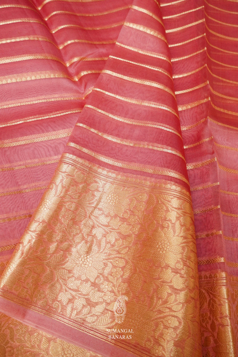 Handwoven Onion Pink Stripe Breezy Organza Saree