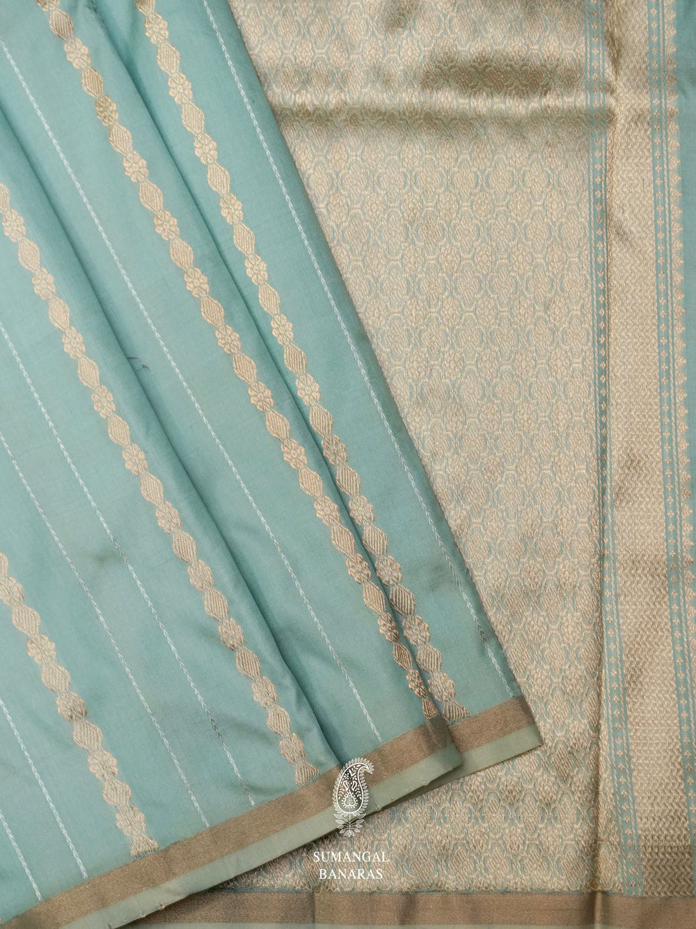 Handwoven Powder Blue Stripped Katan Silk Saree