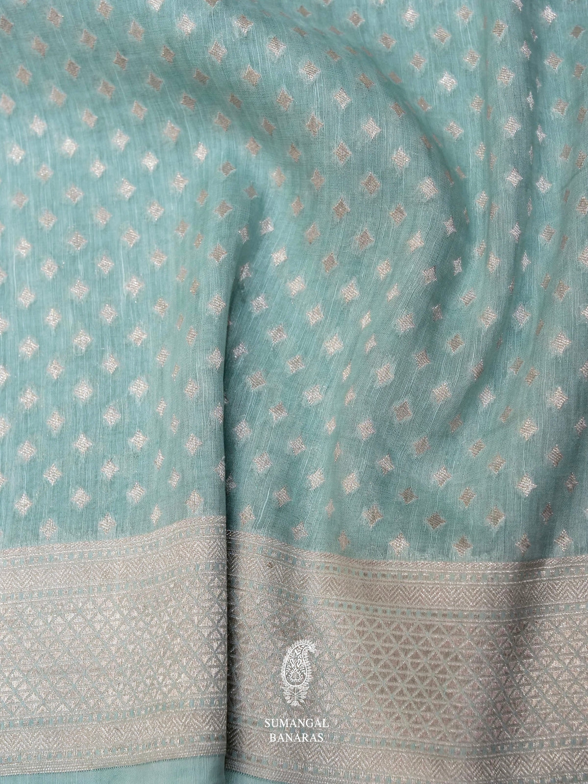 Handwoven Powder Blue Banarsi Pure Linen Silk Saree