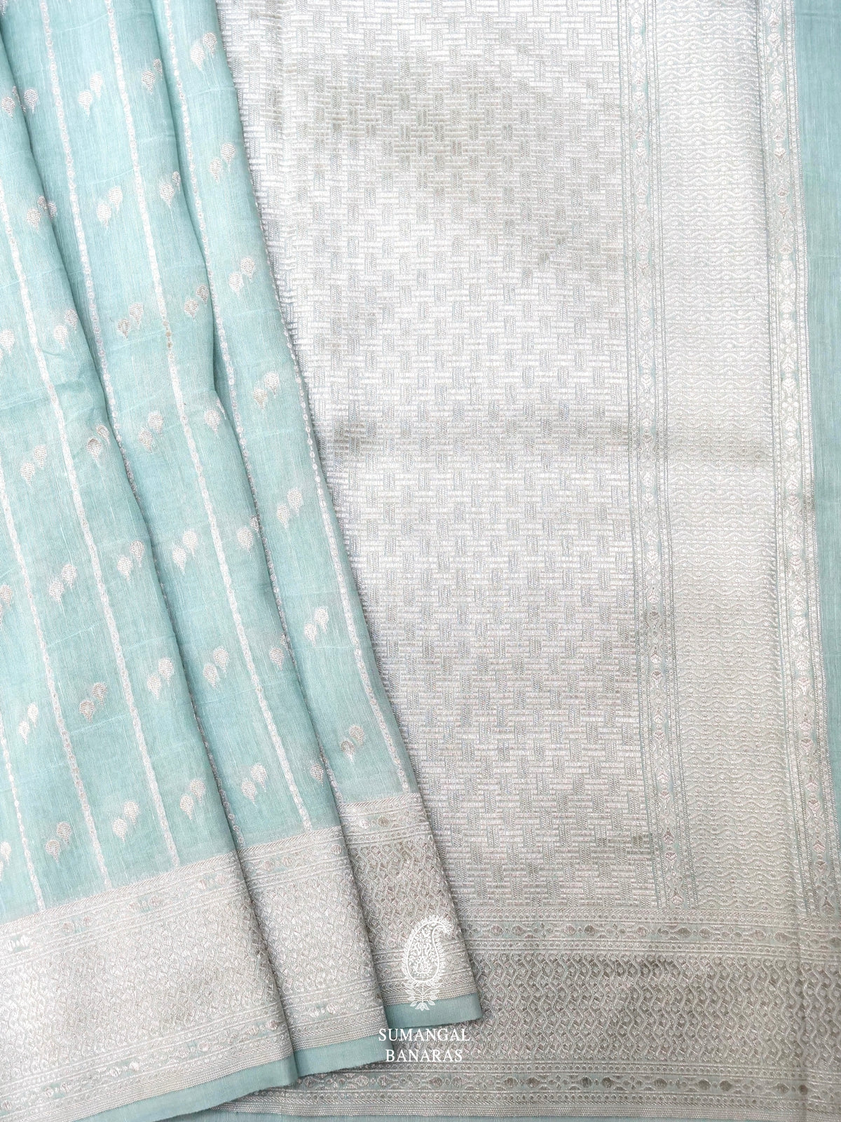 Handwoven Aqua Blue Banarsi Linen Silk Saree