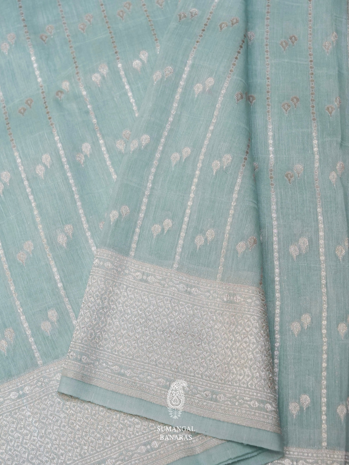 Handwoven Aqua Blue Banarsi Linen Silk Saree