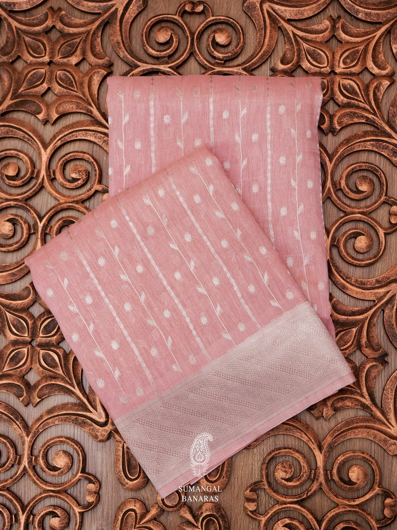 Handwoven Peachy Pink Banarsi Linen Silk Saree