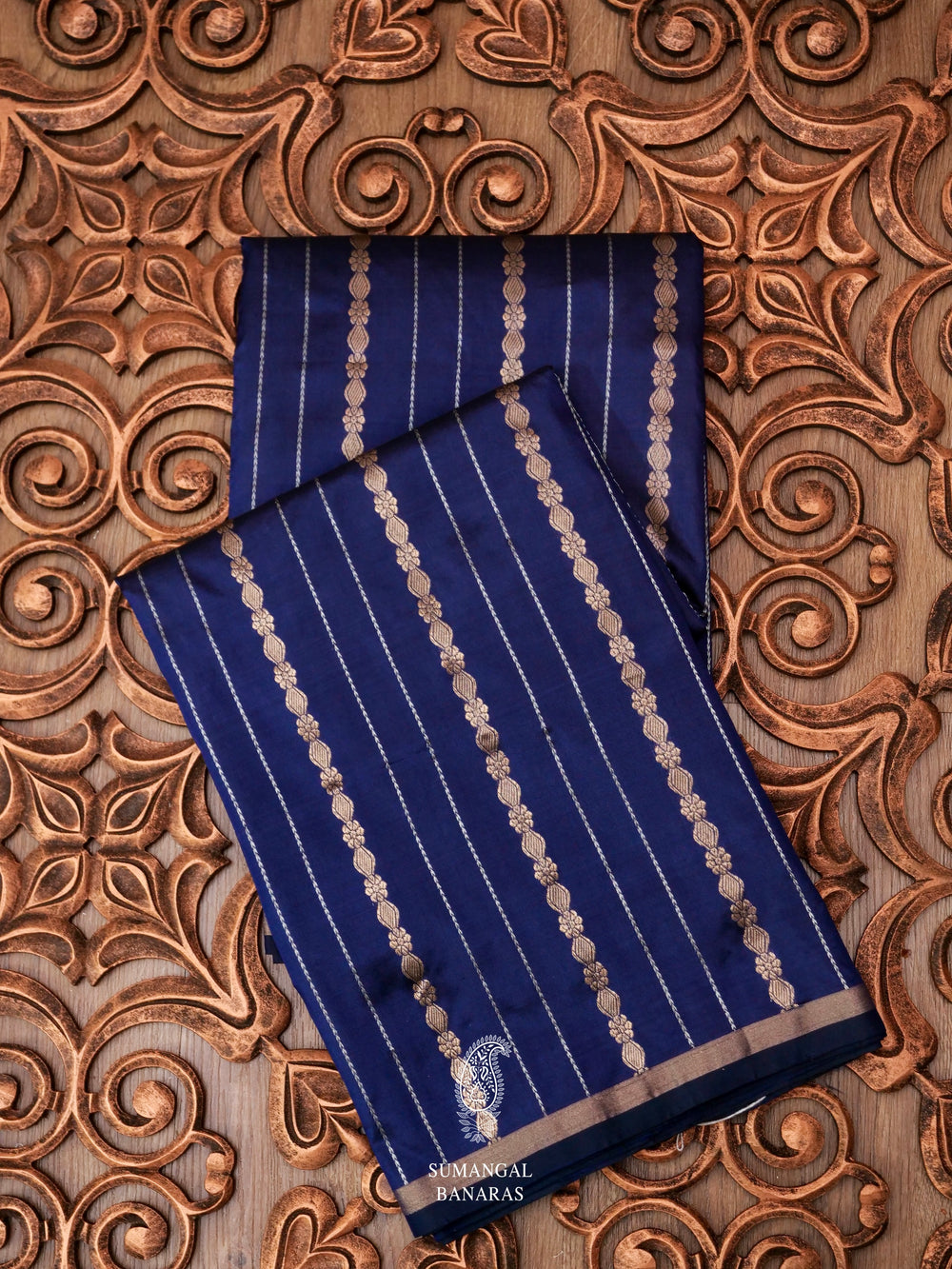 Handwoven Royal Blue Stripe Katan Silk Saree