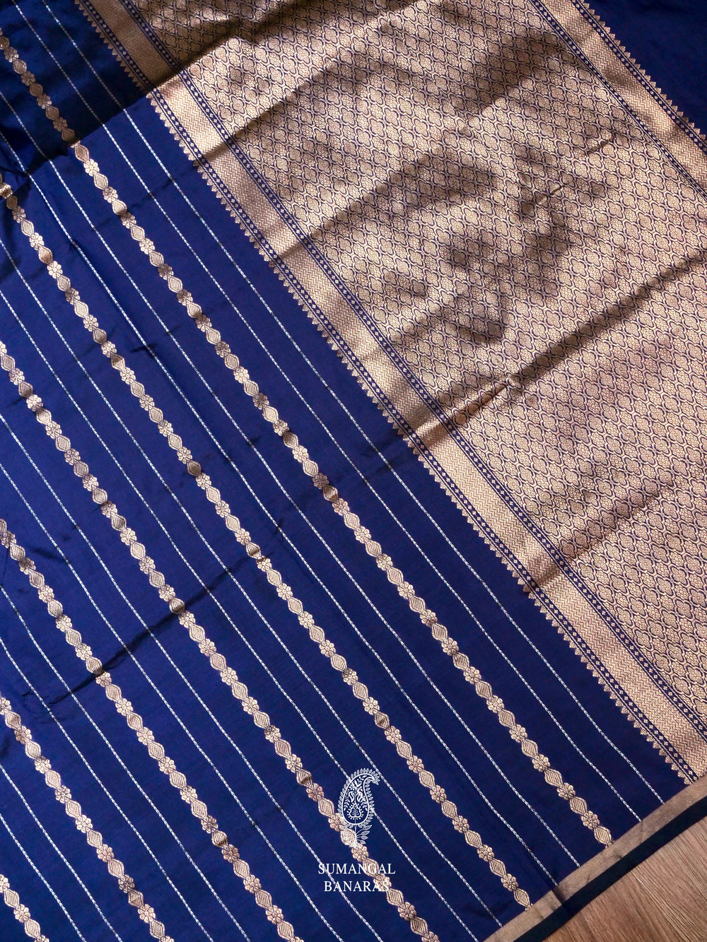 Handwoven Royal Blue Stripe Katan Silk Saree
