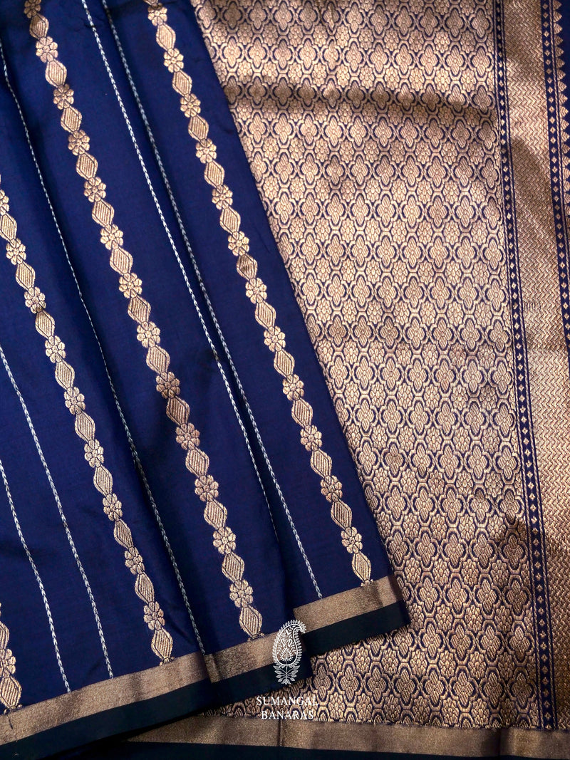 Handwoven Royal Blue Stripe Katan Silk Saree