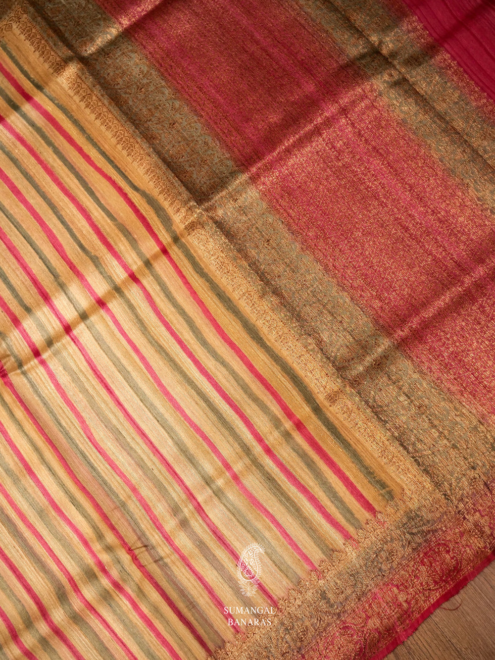 Handwoven Gold Stripe Tussar silk Saree