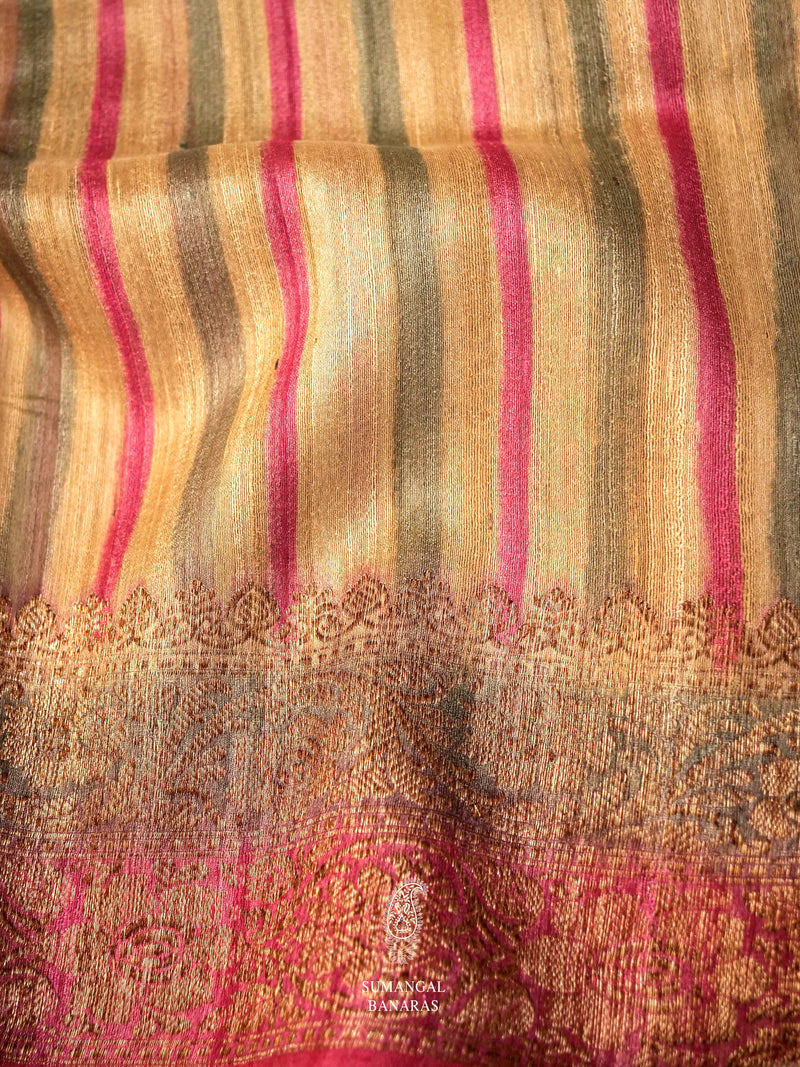 Handwoven Gold Stripe Tussar silk Saree