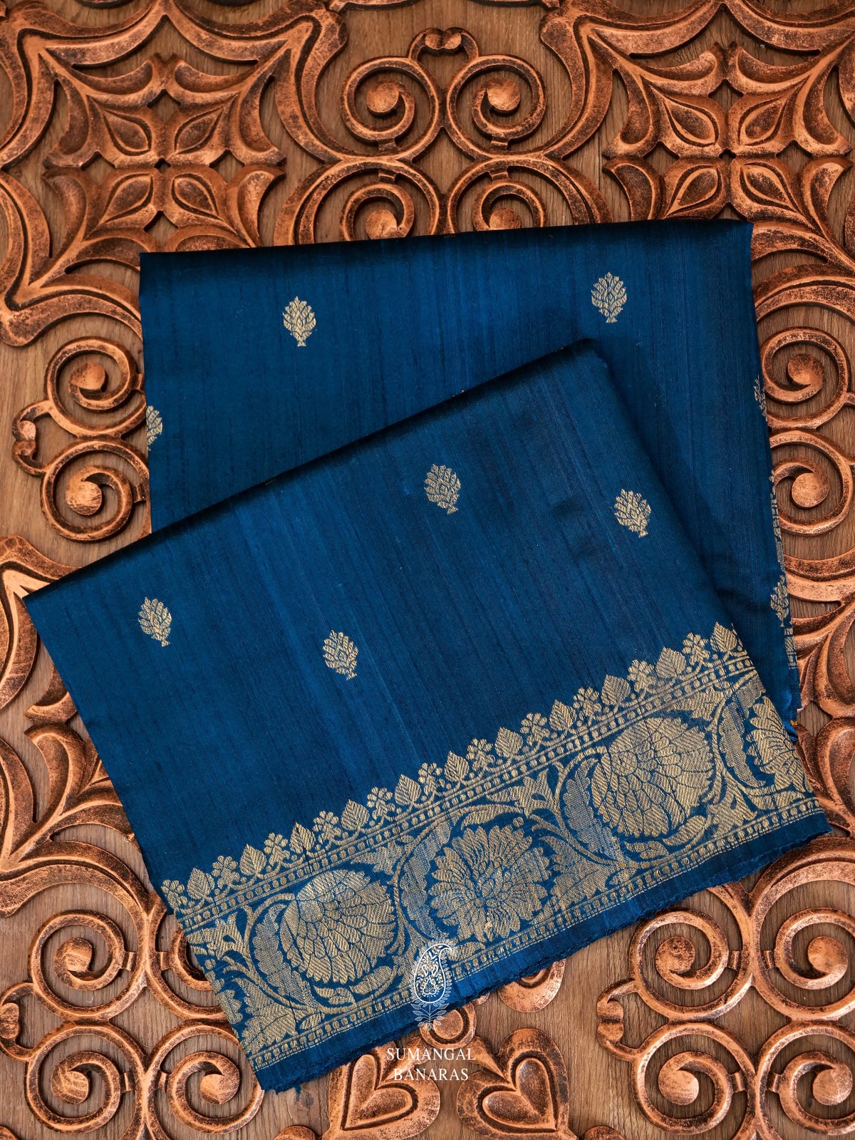 Handwoven Navy Blue Banarsi Tussar Silk Saree