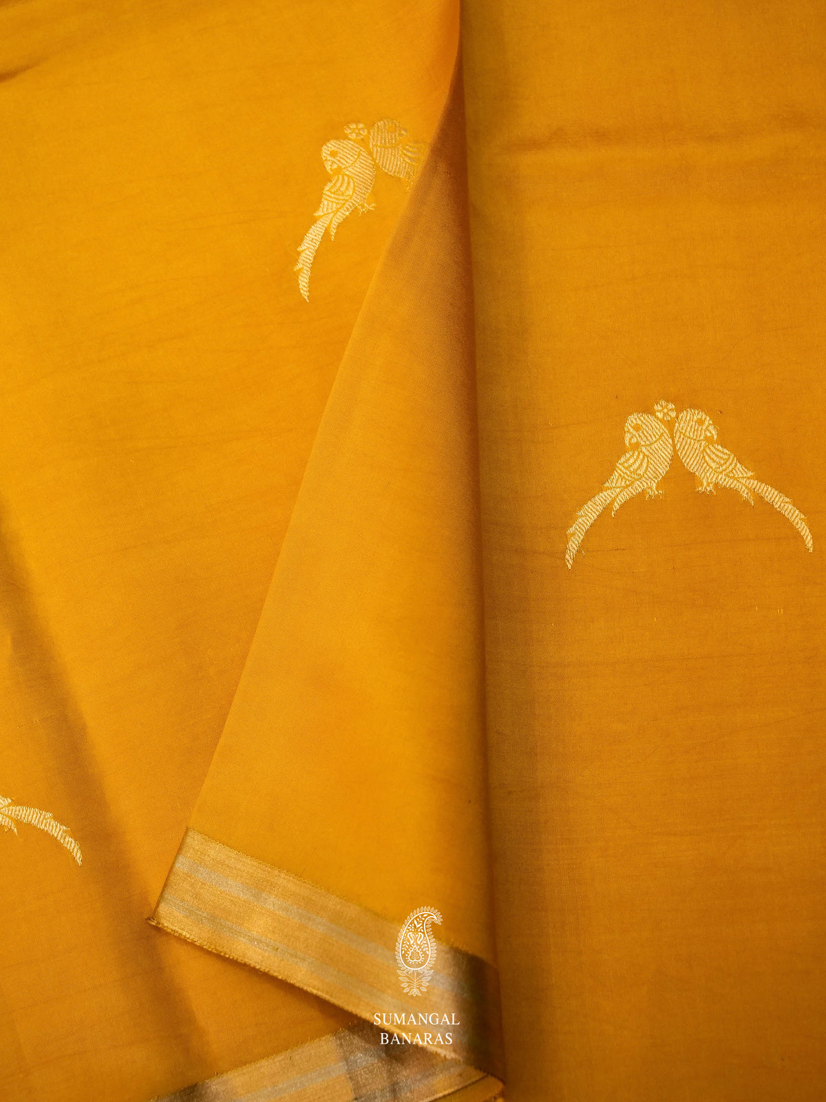 Handwoven Banarsi Mango Yellow Bird Figure Motif Katan Silk Saree