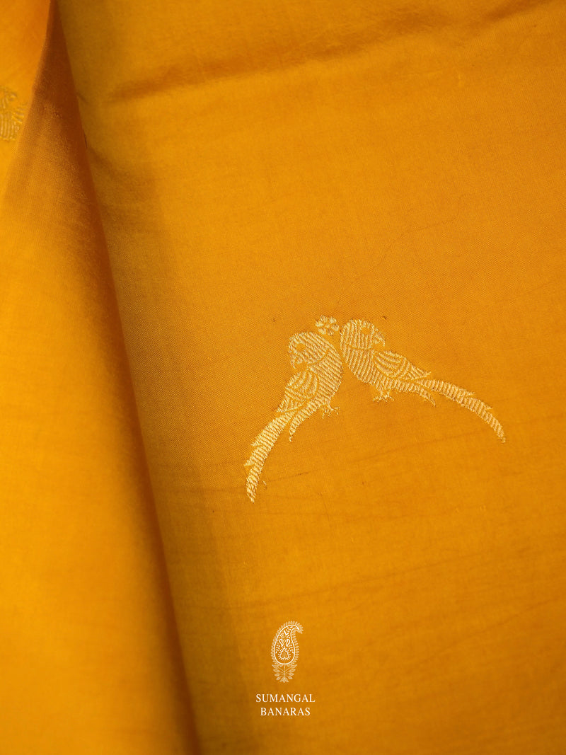 Handwoven Banarsi Mango Yellow Bird Figure Motif Katan Silk Saree