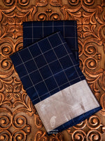 Handwoven Banarsi Check Regal Navy Blue Katan Silk Saree