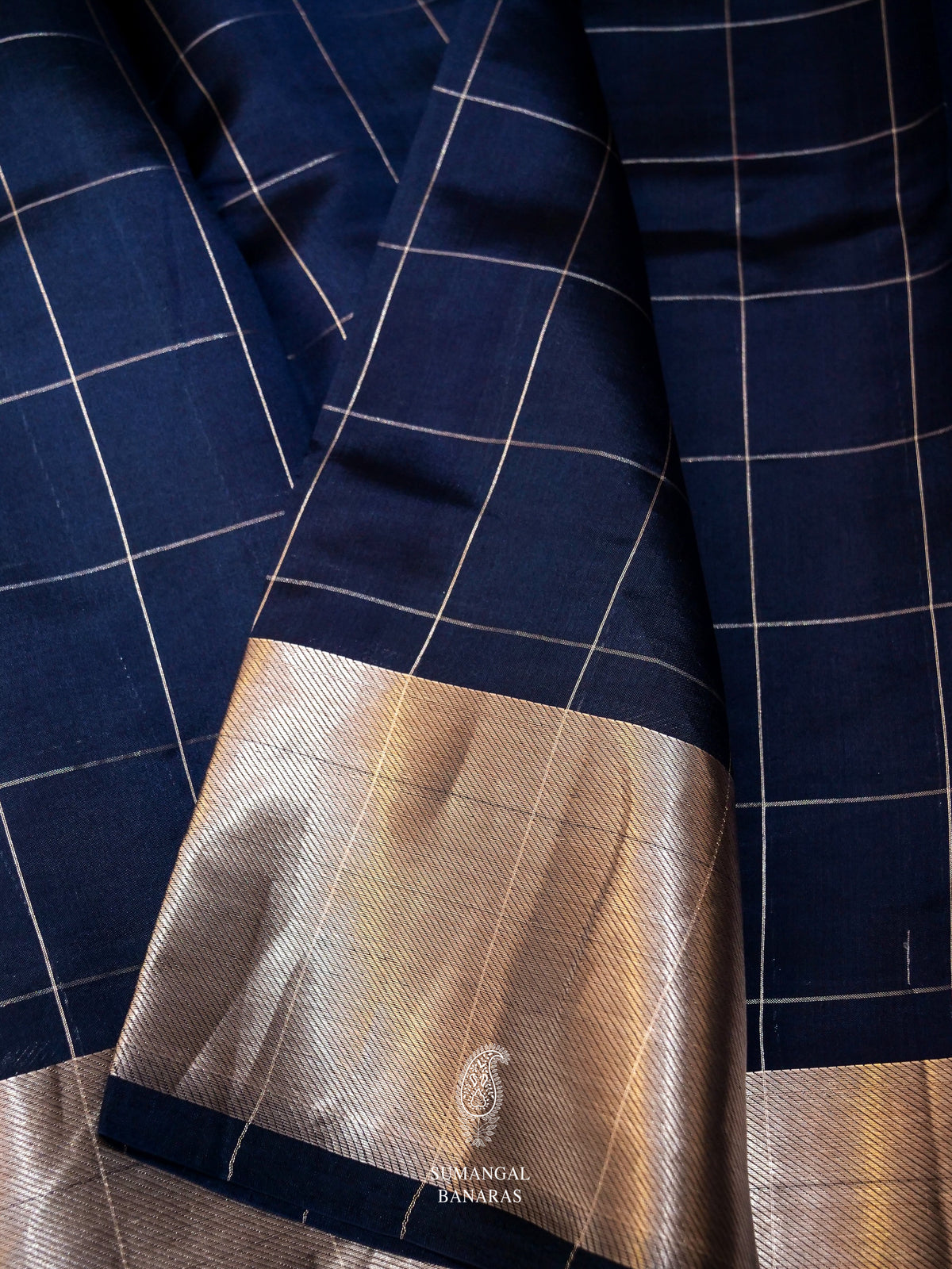 Handwoven Banarsi Check Regal Navy Blue Katan Silk Saree