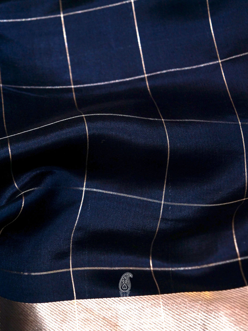 Handwoven Banarsi Check Regal Navy Blue Katan Silk Saree