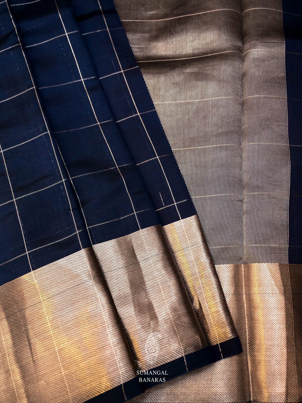 Handwoven Banarsi Check Regal Navy Blue Katan Silk Saree