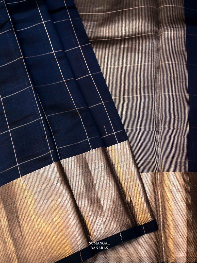 Handwoven Banarsi Check Regal Navy Blue Katan Silk Saree